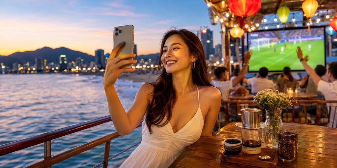 Người hâm mộ bóng đá Đà Nẵng xem kèo và đặt cược trực tuyến tại quán cà phê